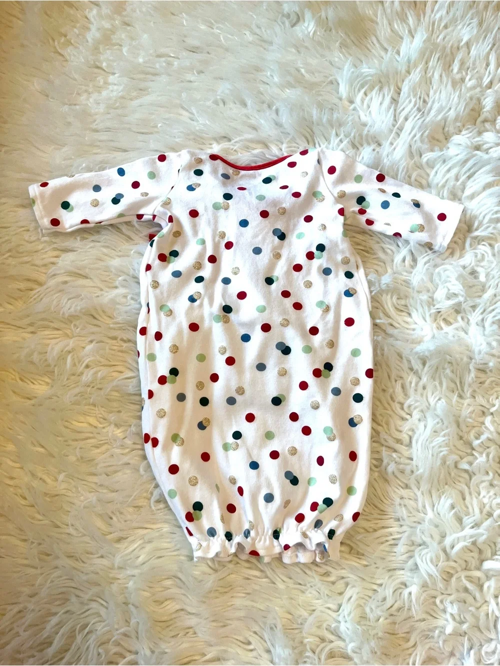 Mud Pie Holiday White Baby Gown with Multicolor Dots and Red Velvet Bow